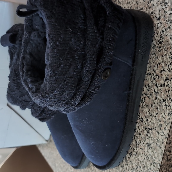 Muk Luks Lauren-Cozy Navy Faux Suede Knit Cuff Boots - Picture 2 of 4